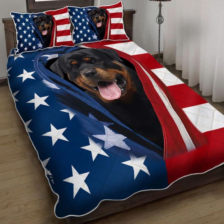 Rottweiler Opened American Flag 3d Printed Quilt Set Home Decoration