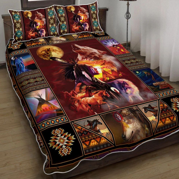 Moon Wolf Native American Inspired 3d Printed Quilt Set Home Decoration