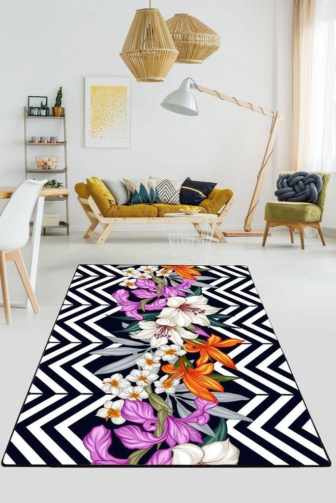 Flower On Black And White Chervon Area Rug Floor Mat Home Decor