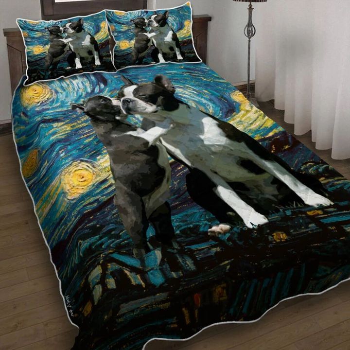 Love Boston Terrier Starry Night 3d Printed Quilt Set Home Decoration