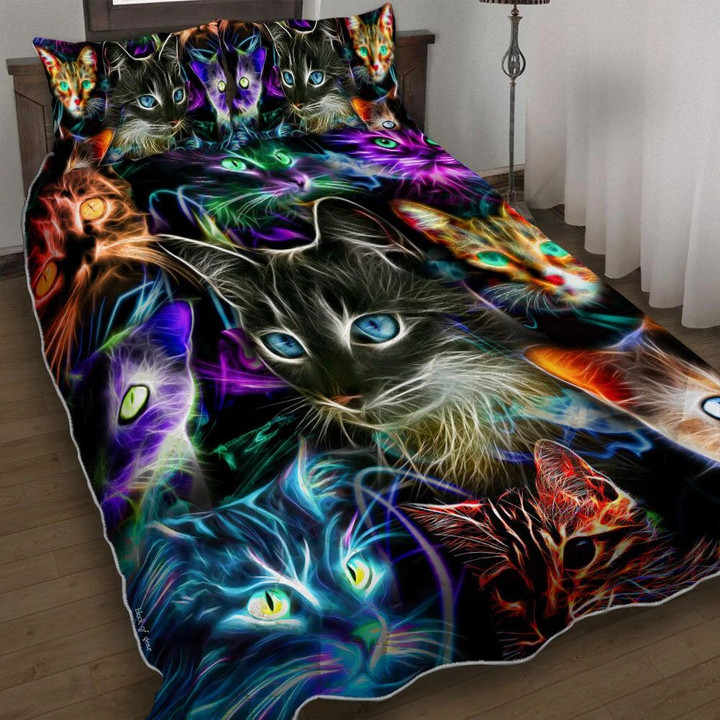 Neon Cat Magic 3d Printed Quilt Set Home Decoration
