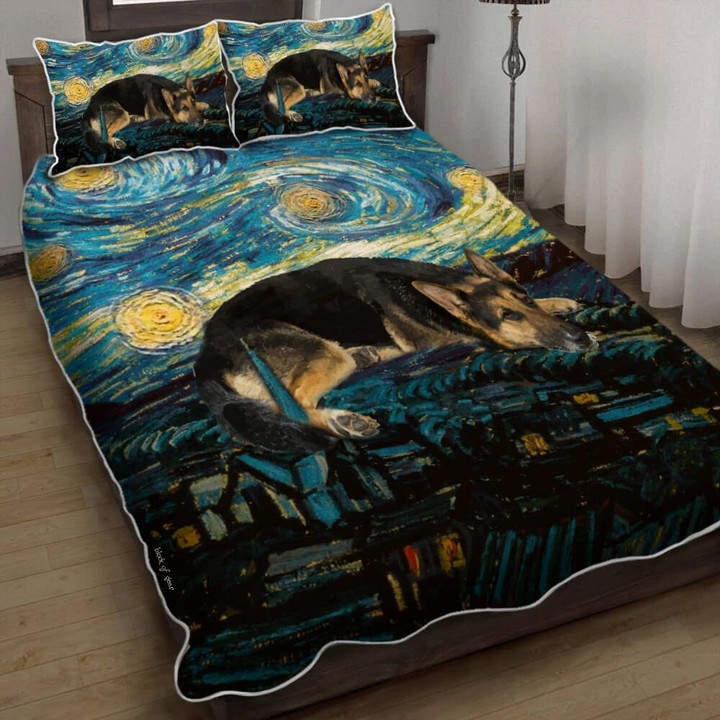 Sleeping German Shepherd Starry Night 3d Printed Quilt Set Home Decoration