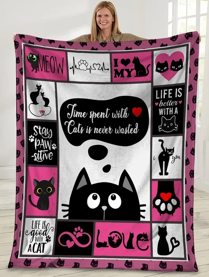 Black Cat Time Spent With Heart Cats Is Never Wasted Cat Sherpa Fleece Blanket