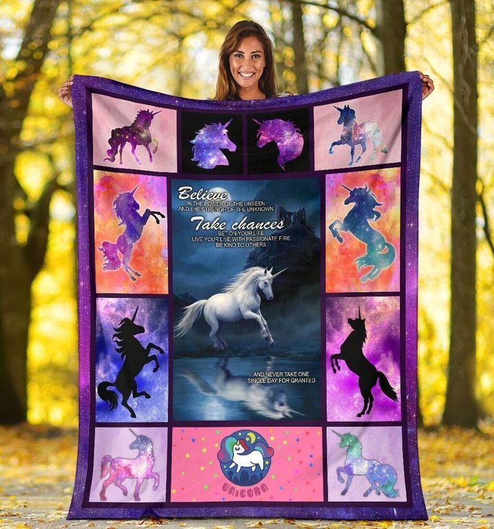 Believe In The Power Of Unseen And The Strength Of The Unknown Unicorn Galaxy Sherpa Fleece Blanket