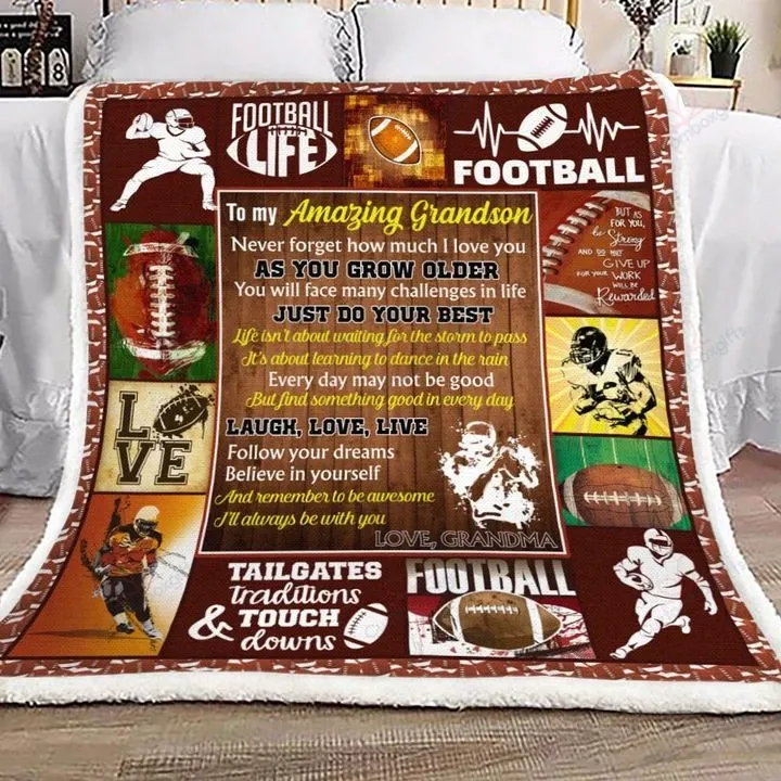 Gift For Amazing Grandson Football Laugh Love Live Sherpa Fleece Blanket