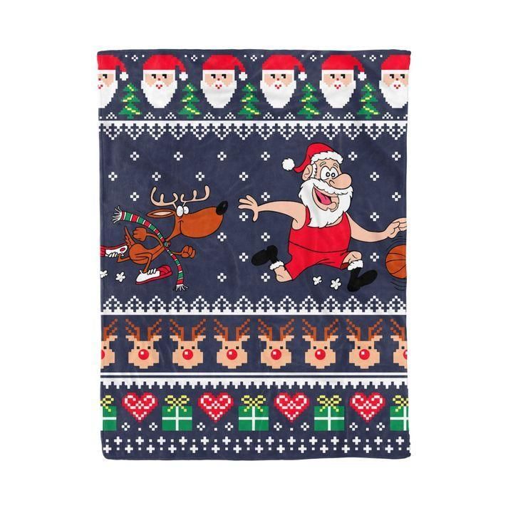 Funny Christmas Santa Reindeer Play Basketball Sherpa Fleece Blanket