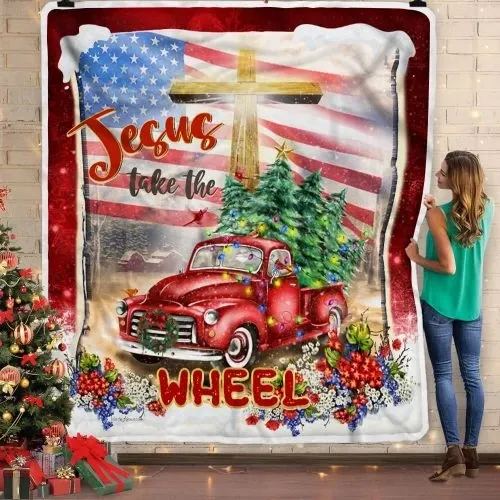 Jesus Take The Wheel Red Truck And Trees Sherpa Fleece Blanket