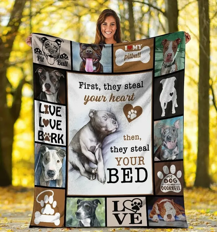 First They Steal Your Heart Pitbull Gift For Dog Lover Sherpa Fleece Blanket