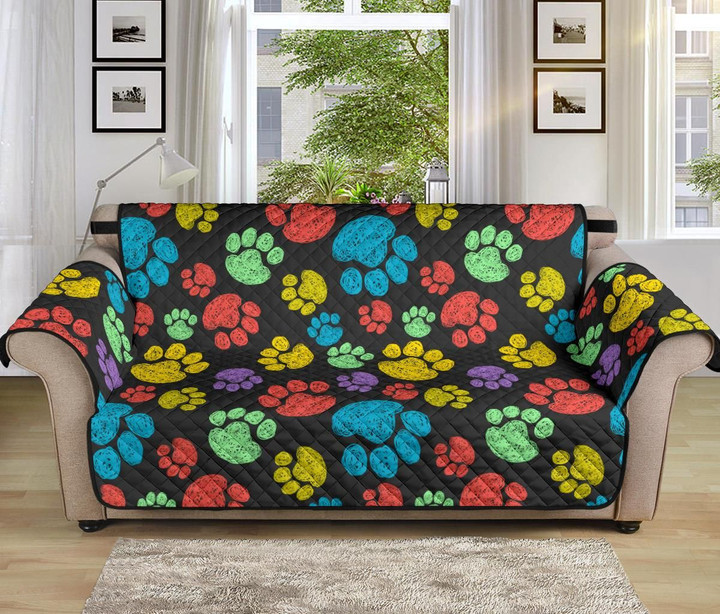 Colorful Dog Paws Black Theme Sofa Couch Protector Cover