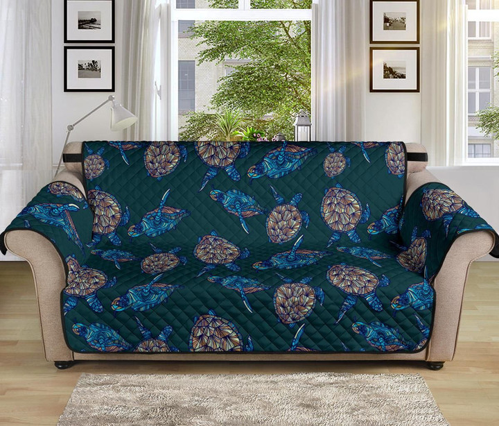 Sea Turtle Hand Drawn Blue Pattern Sofa Couch Protector Cover