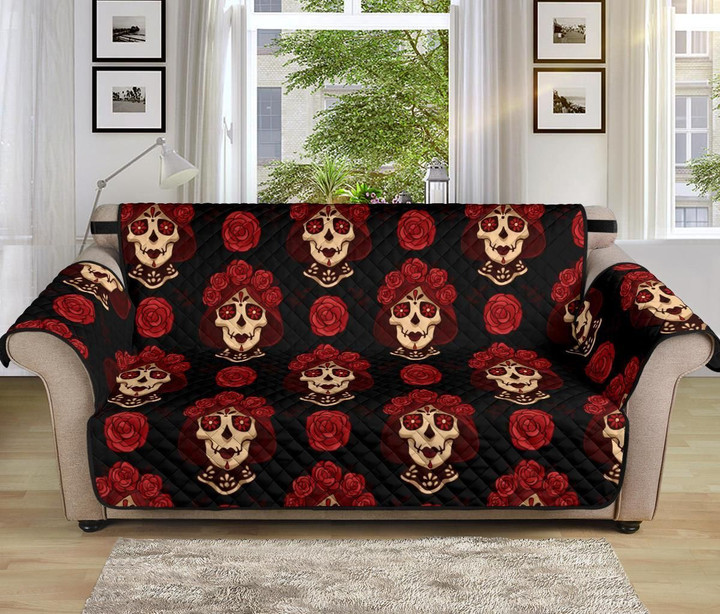Day Of The Dead Skull Girl Red Pattern Sofa Couch Protector Cover