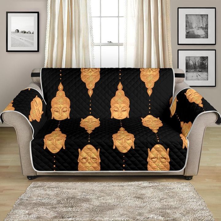 Buddha Gold Head On Black Themed Pattern Sofa Couch Protector Cover