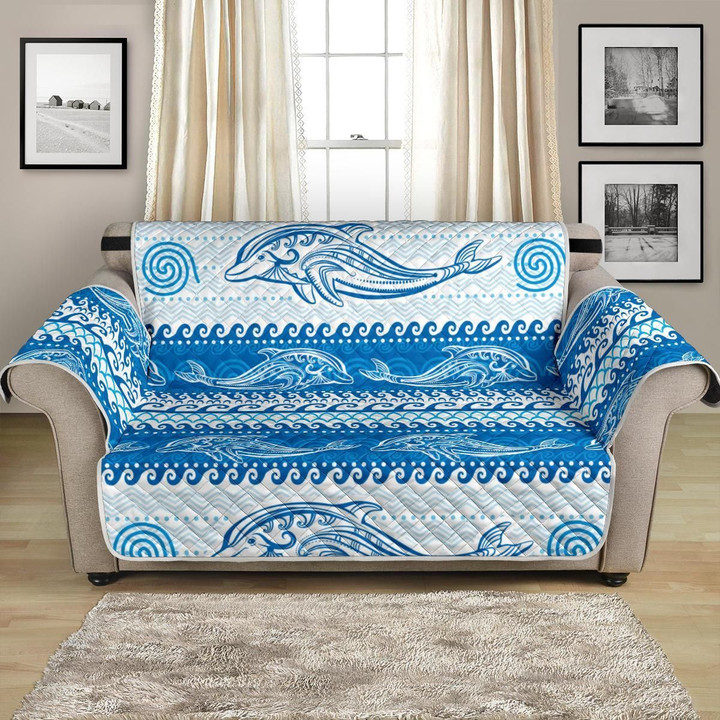 Blue Dolphin Tribal Art Pattern Sofa Couch Protector Cover