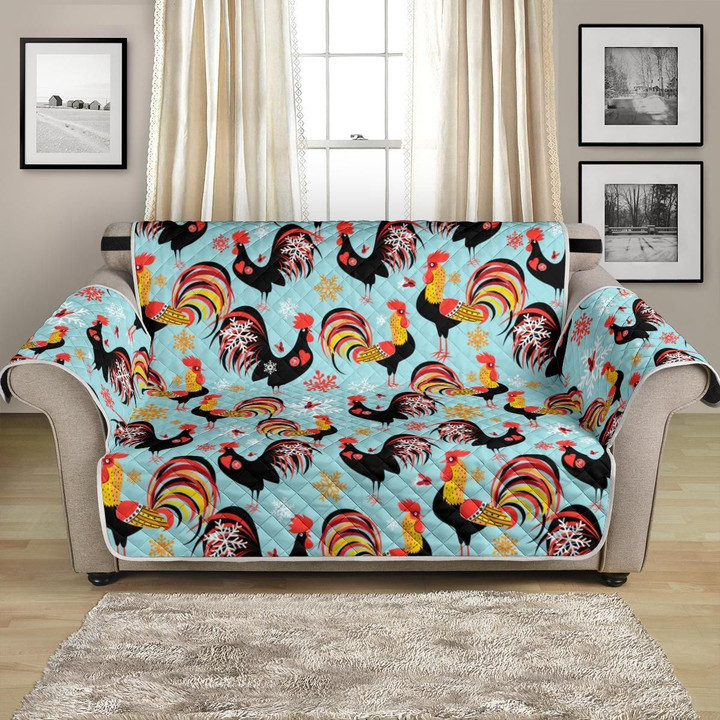Rooster With Long Tail On Blue Pattern Sofa Couch Protector Cover