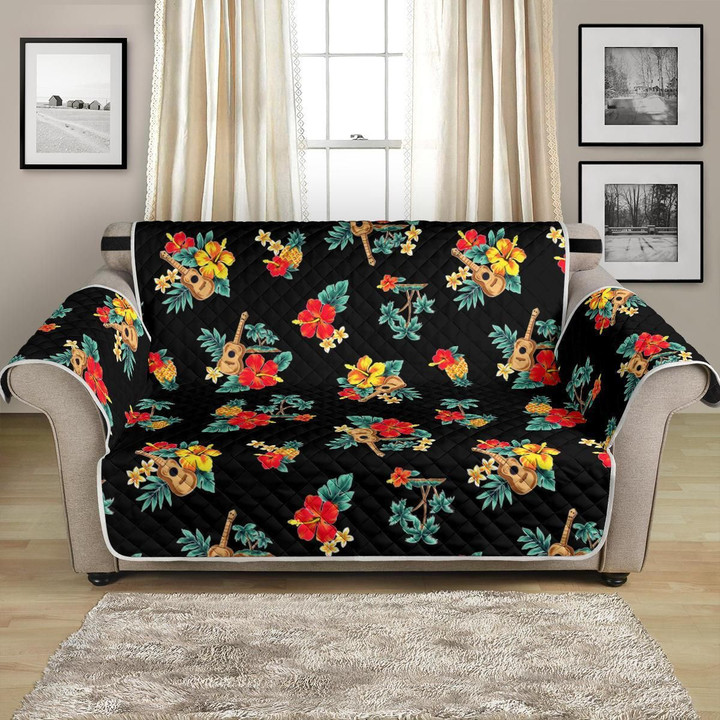 Hawaiian Flower On Black Themed Pattern Sofa Couch Protector Cover