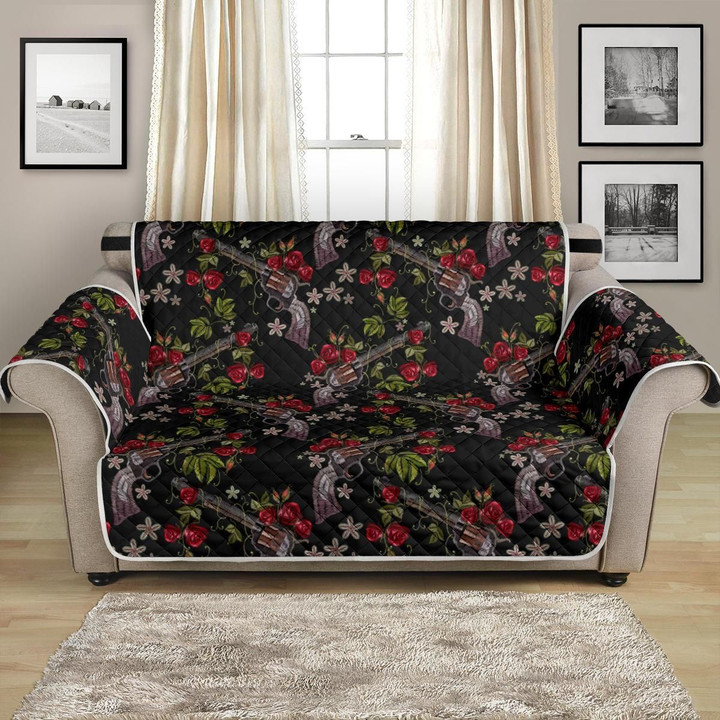 Western Skull Roses On Black Themed Pattern Sofa Couch Protector Cover