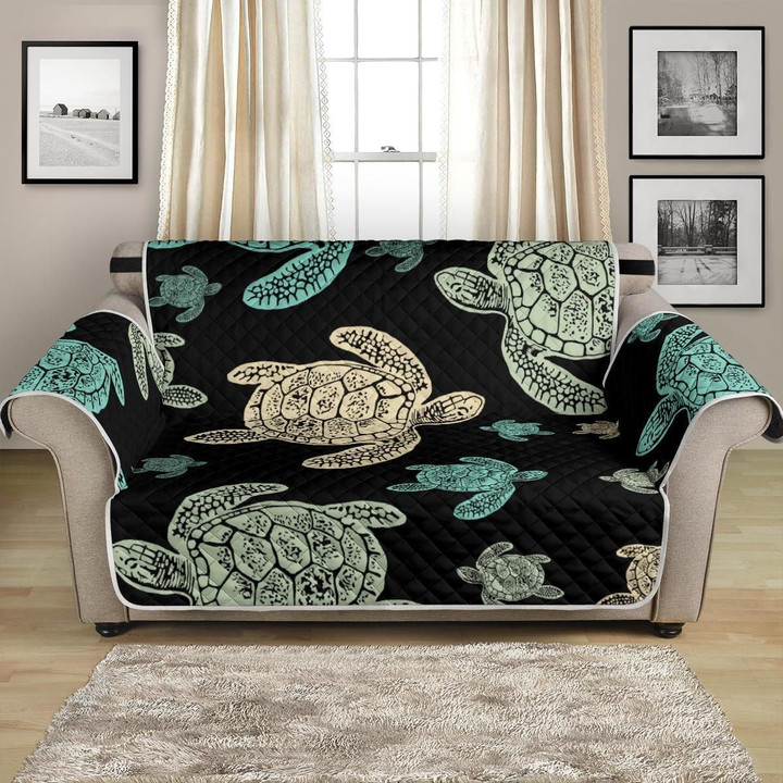 Sea Turtle Family Looking For Food On Black Sea Pattern Sofa Couch Protector Cover