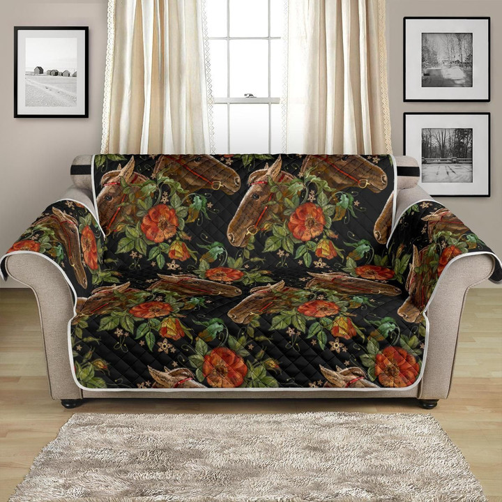 Horse Embroidery With Flower Pattern Sofa Couch Protector Cover