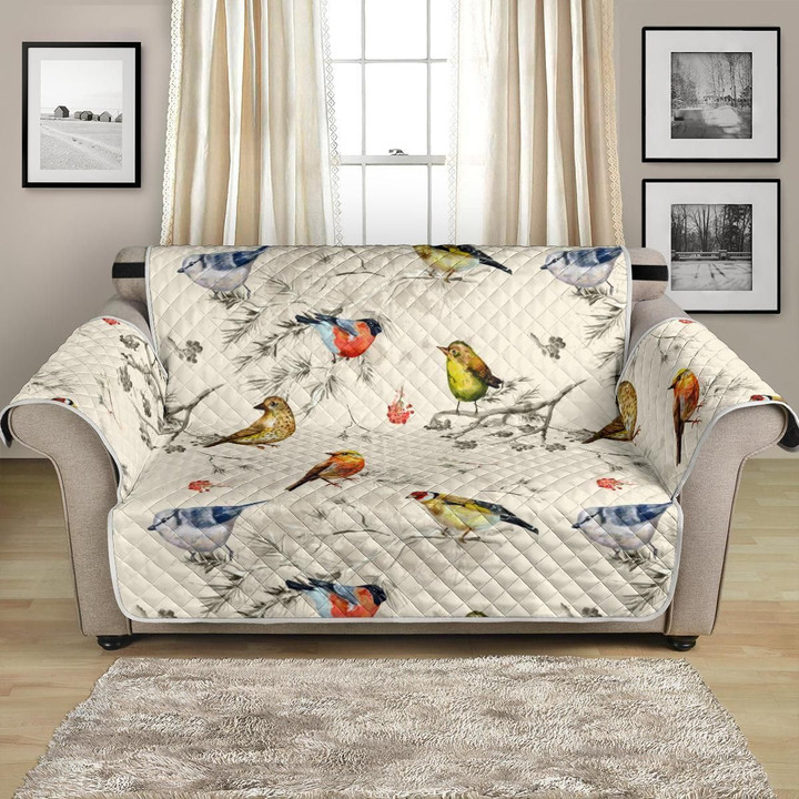 Bird Watercolor Art On Beige Themed Pattern Sofa Couch Protector Cover