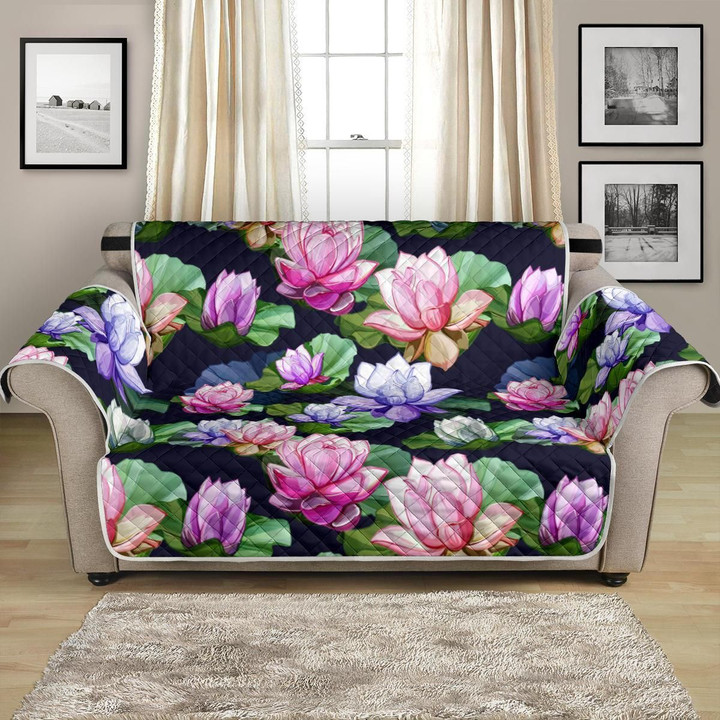 Beautiful Lotus Flower On Black Background Pattern Sofa Couch Protector Cover