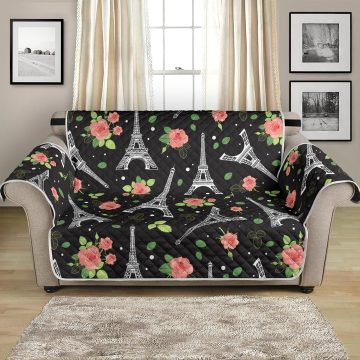 Eiffel Tower Rose On Black Background Pattern Sofa Couch Protector Cover