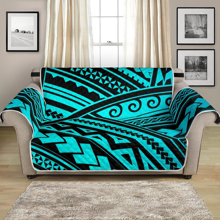 Black And Teal Green Polynesian Tribal Pattern Sofa Couch Protector Cover