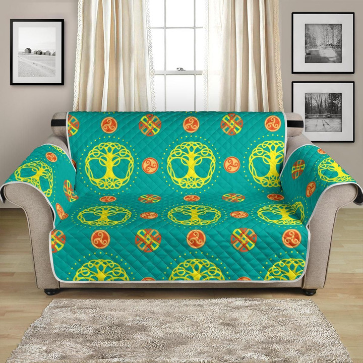 Irish Celtic Tree Of Life On Cyan Blue Pattern Sofa Couch Protector Cover