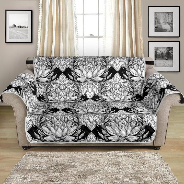 Hand Drawn White Lotus Mandala Pattern Sofa Couch Protector Cover