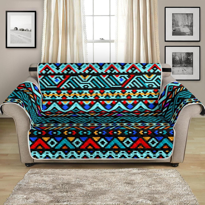 Hand Drawn Teal Blue Southwestern Style Pattern Sofa Couch Protector Cover