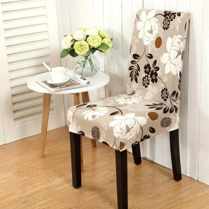 Light Brown Floral Print Dining Chair Cover