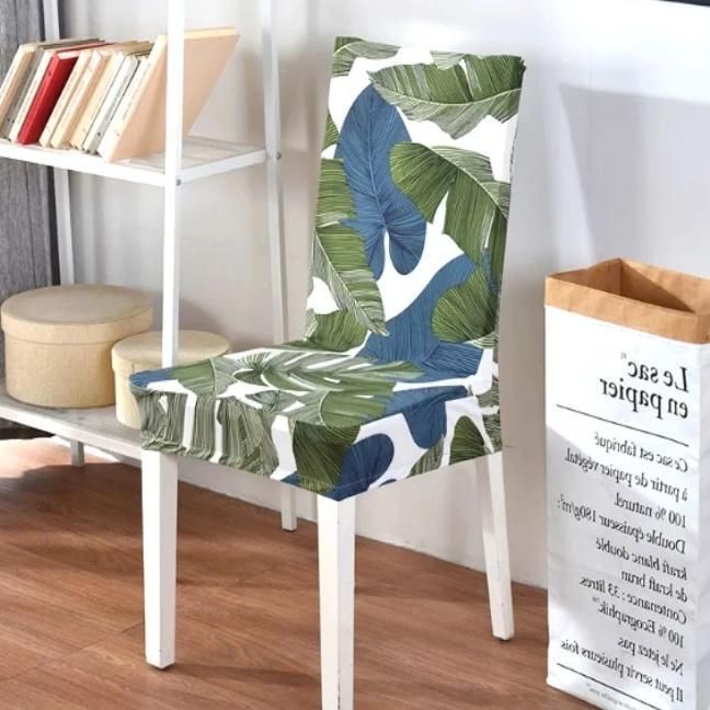Green And Blue Palm Leaf Pattern Dining Chair Cover