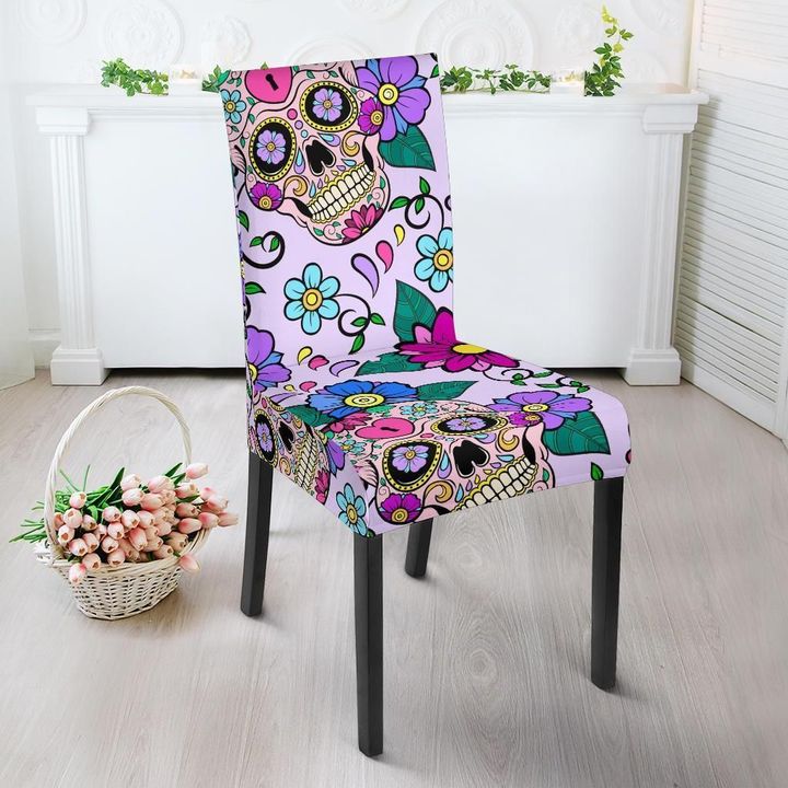 Sugar Skull Skeleton Girly Floral Pattern Print Chair Cover