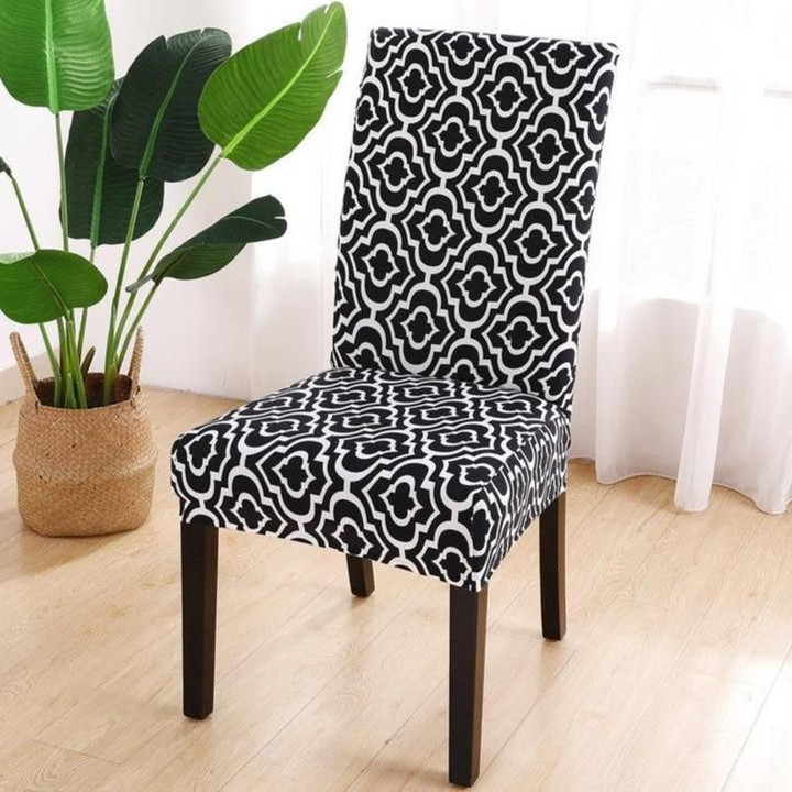 Black And White Moroccan Lattice Pattern Dining Chair Cover