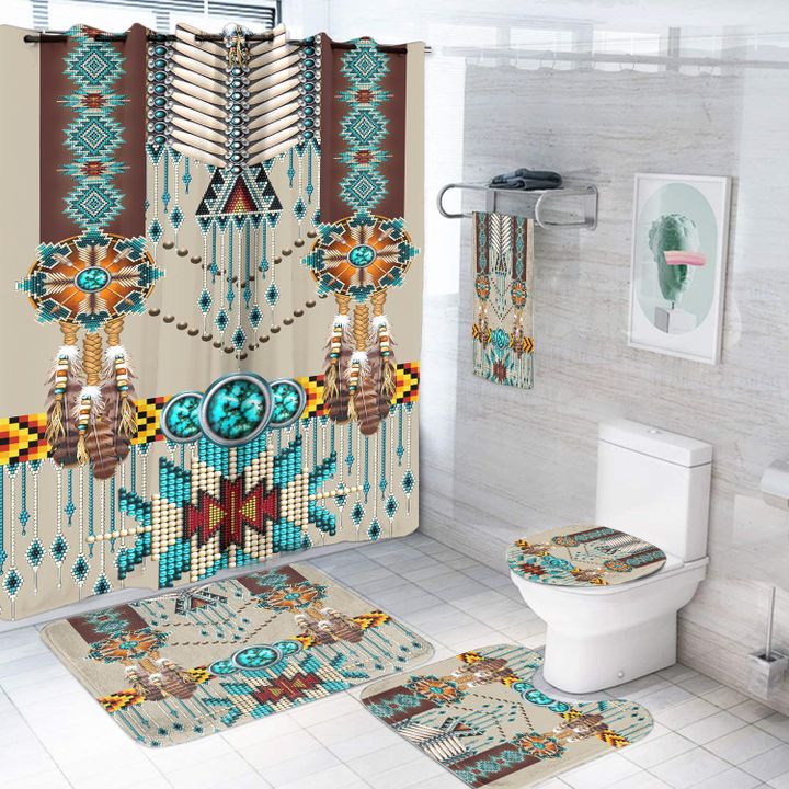 Native American Feather Tribal Shower Curtain And Bath Mat Bathroom Set Home Decor