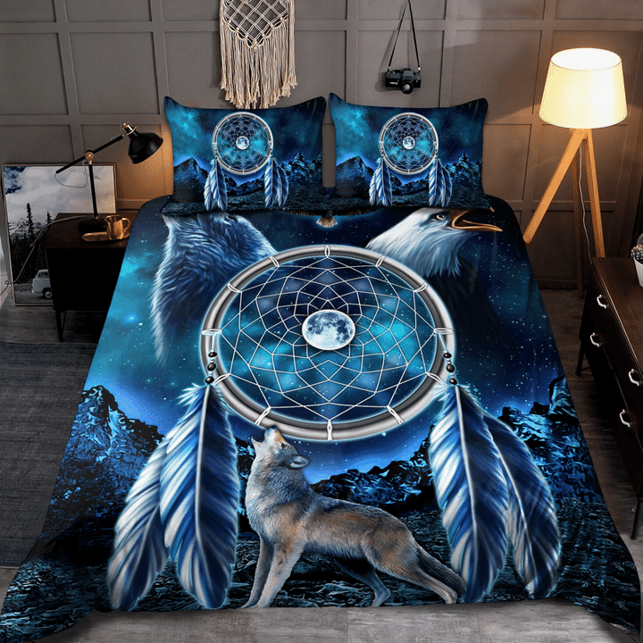 Native American Wolf Howling Dreamcatcher Duvet Cover Bedding Set Bedroom Decor