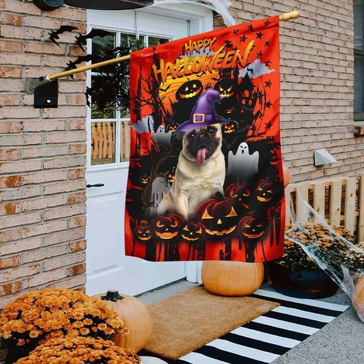 Happy Pug With Ghost Pumpkin Garden Flag House Flag Halloween Decor