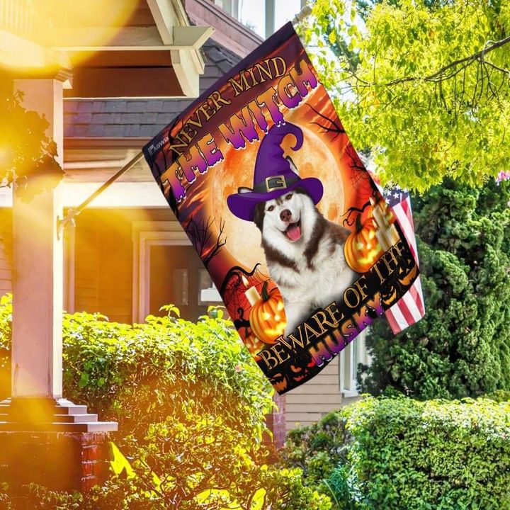 Beware Of The Husky Cute Dog Tongue Out With Witch Hat Garden Flag House Flag Halloween Decor