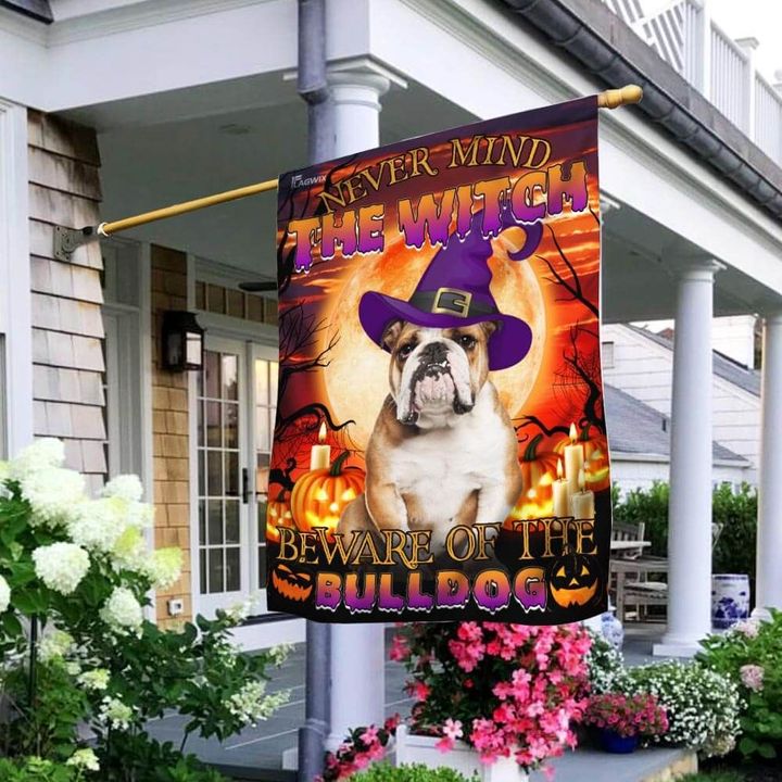 Beware Of The Bulldog Dog With Purple Hat Garden Flag House Flag Halloween Decor