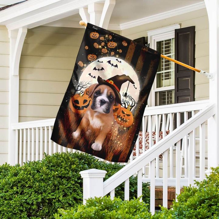 Boxer Dog With Pumpkin Lantern Happy Halloween Garden Flag House Flag