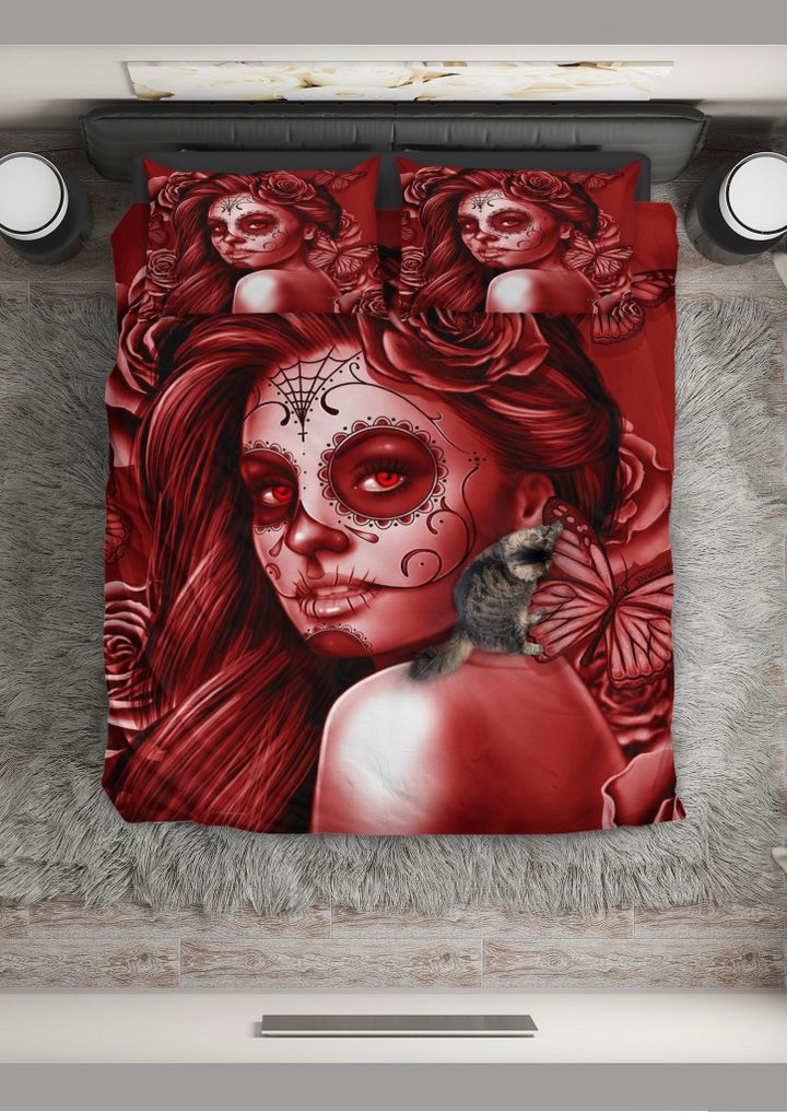 Red Calavera Fresh Look Art Halloween Spirit Duvet Cover Bedding Set Bedroom Decor