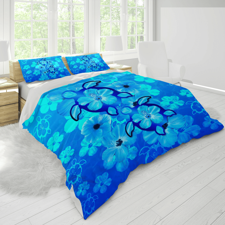 Blue Hibiscus Turtles In Hawaiian Dream Duvet Cover Bedding Set Bedroom Decor