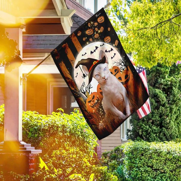 Cool Sphynx Cat Wearing Witch Hat Happy Halloween Garden Flag House Flag