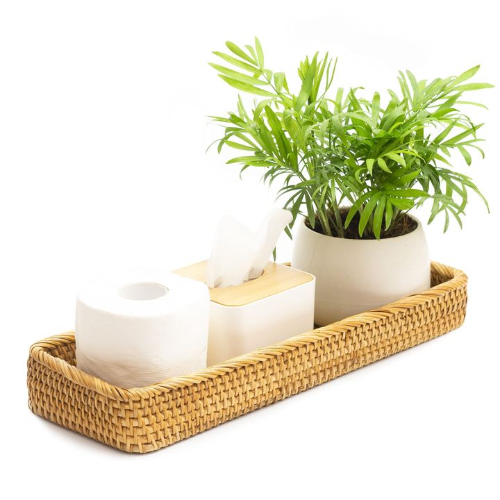 Honey Rectangular Handcrafted Rattan Organizing Storage Basket Decorative For Kitchen Bathroom Living Room Bedroom