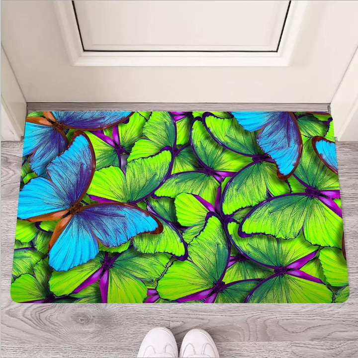 Green And Blue Butterfly Print Door Mat