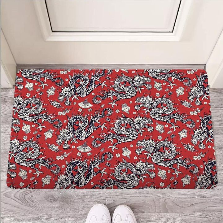 Red Chinese Dragon Floral Print Door Mat