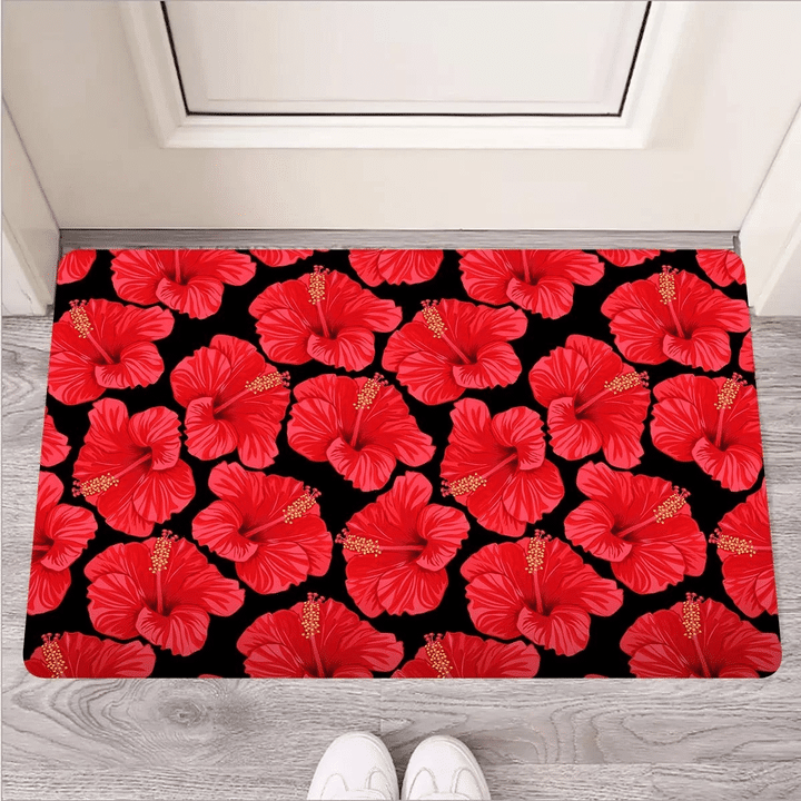 Red Hibiscus Flower Hawaiian Print Door Mat