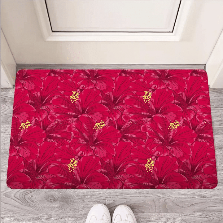 Exotic Hibiscus Flower Hawaiian Print Door Mat