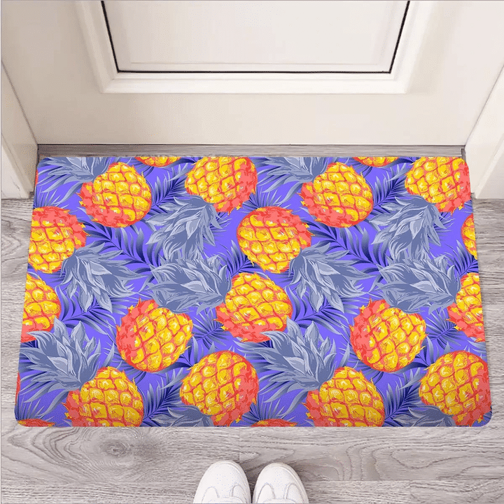 Blue Neon Pineapple Hawaiian Print Door Mat
