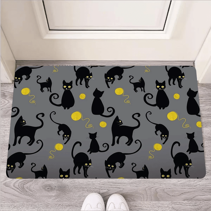 Black Cat Knit Print Door Mat