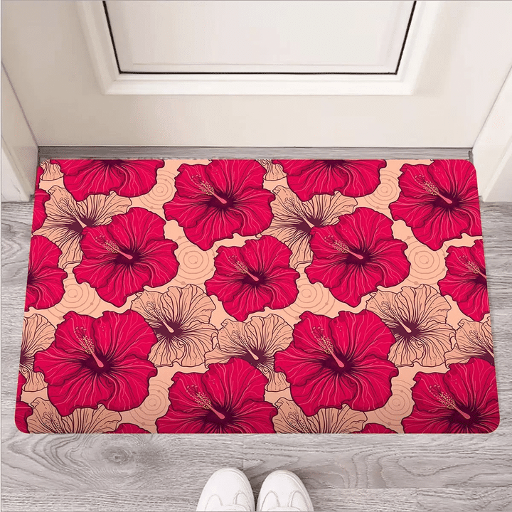 Red Hibiscus Flower Print Door Mat